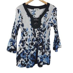 Quintessential Women's Blue Floral Pleated V Neck Bell Sleeve Tunic Top Size L